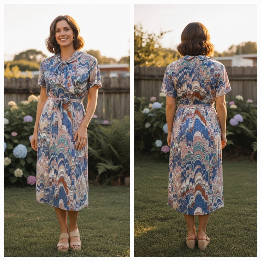 Jillian Frocks M Vintage 70s Retro Cottagecore Bridgerton Satin Midi Dress